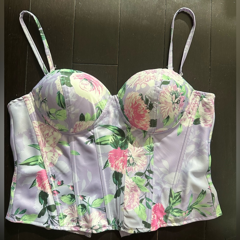 Purple floral corset top, size large, brand new with tags